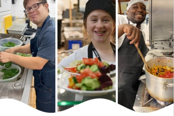 Photos of three different Share students, each preparing a different dish: a person cutting green peppers, another showing a plate of mix salad and a person stirring vegetables in a cooking pot.