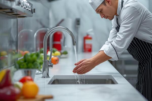 Cook in a sparkling clean picture washing his hands.