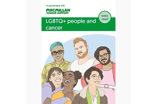 THis is the front page of the MacMillan easy read leaflet about LGBTQ+ people and cancer. Under the tilte, there is a drawing showing a group of people from different backgrounds and genders.