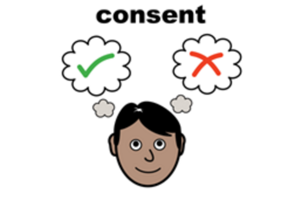 This is a widgit illustration to show the concept of consent. It has the word consent at the top, then  thinking bubbles above a person's head, one for yes, the other one for no.