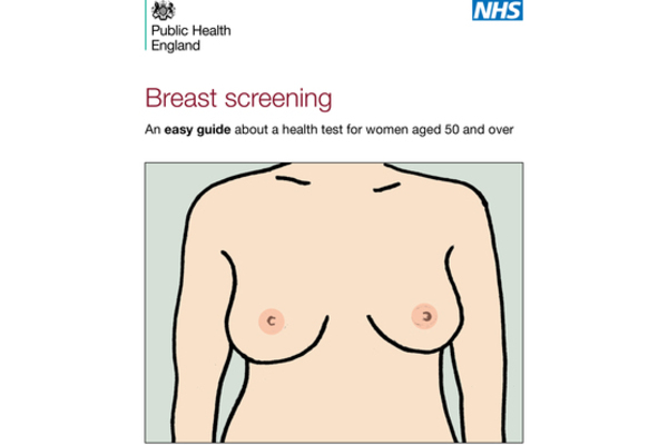 Front cover of the easy guide for breast screening. It shows the breast of a woman and specify it is about a health test for women aged 50 and over.