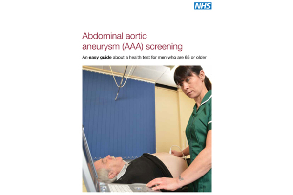 This is the front cover of the Abdominal aortic  aneurysm (AAA) screening easy guide, a health test for men who are 65 or older. It shows a nurse moving a small scanner over the belly skin of an older man who is laying down.