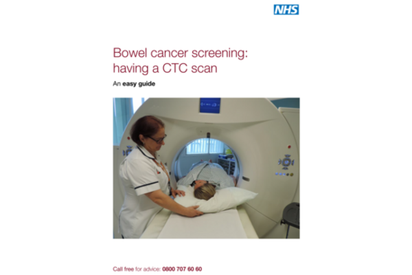This is the cover of the leaflet for Bowel cancer screening: having a CTC scan, with a picture of a person lying down inside the CTC scan device and a nurse standing near  and talking to the patient.