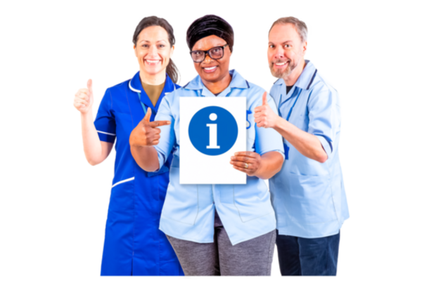 3 health or social care staffs are pointing at a document with the information symbol printed on it.