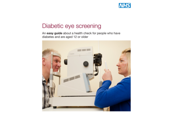 The front cover of the leaflet shows ac male patient with his face against a device for Diabetic eye screening and female practitioner operating the device.