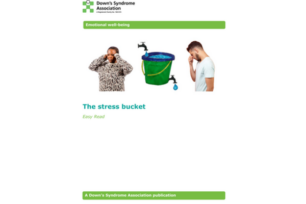 This is the front cover of the leaflet. It shows a bucket full of water in the center. The bucket has an open tab over it, and a dripping tab at its bottom. On the left of the bucket, there is a woman covering her ears and on the left, there is a man rubbing his eyes.