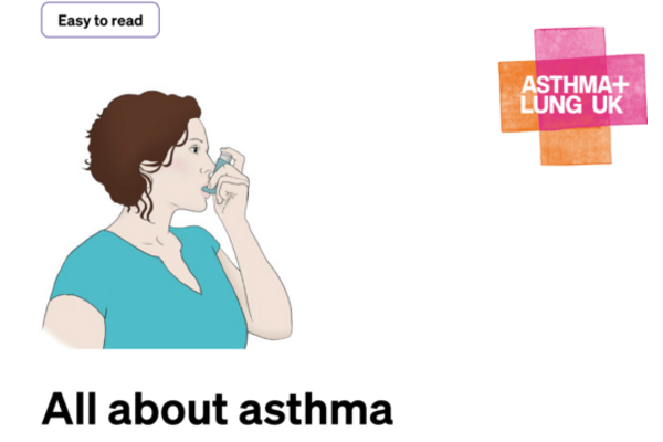 This is the front cover of the leaflet. The picture shows a woman using an inhaler. It gives the title: All about asthma, and it says it's an easy read document.