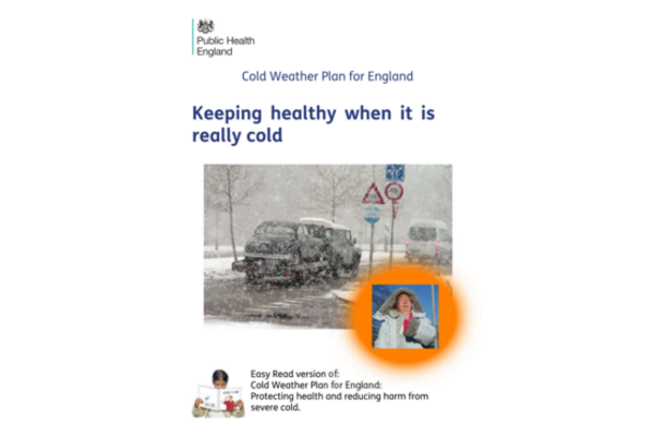 This is the front cover of the leaflet. The picture shows cars driving on a wet road under heavy snow on the left, and on the lower right hand corner, the picture of a woman in a thick coat with a fluffy hood. The second picture appears on an orange circle.