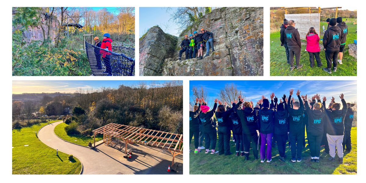 A collage of images from a previous Mount Cook event run by EPIC Restart; Image of venue, people standing on a bridge, people rock climbing and talking and a group image with people raising their hands.