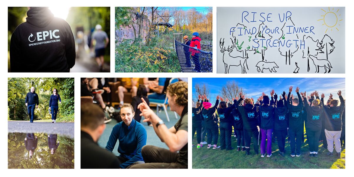 A collage of images from a previous events run by EPIC Restart; Image of venue, people standing on a bridge, people rock climbing and talking and a group image with people raising their hands.