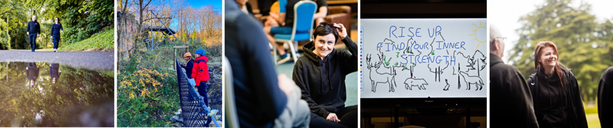 Collage of photos of EPIC Restart Coaches and a poster reading 'Find your inner strength'