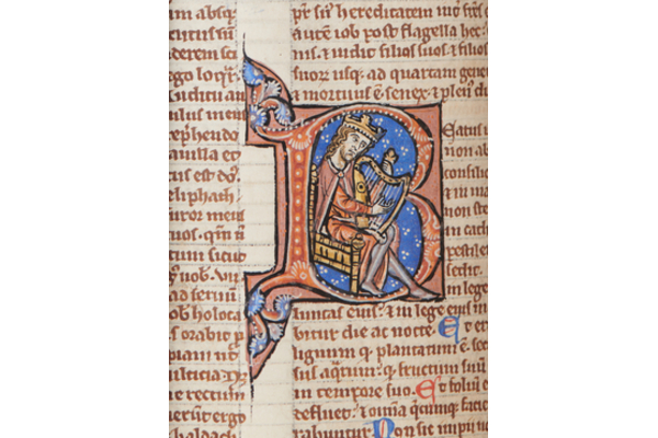 Sarum Master Bible, folio 259 v. Psalm 1. Detail of initial of King David playing his harp. Image courtesy of Salisbury Cathedral