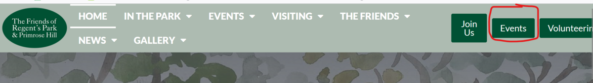 Image showing where the Events button is on the Website