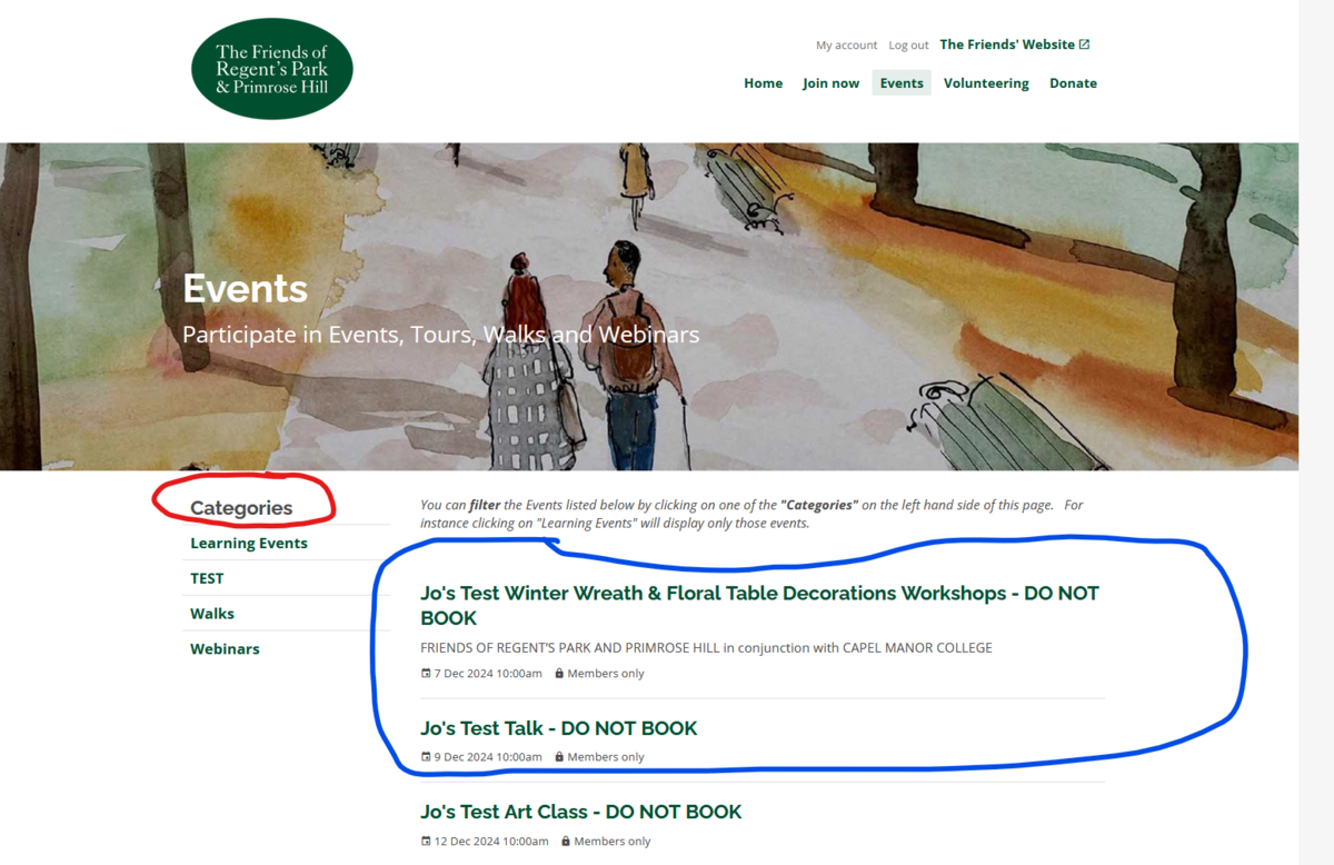 Page showing list of events, filterable by using the Categories