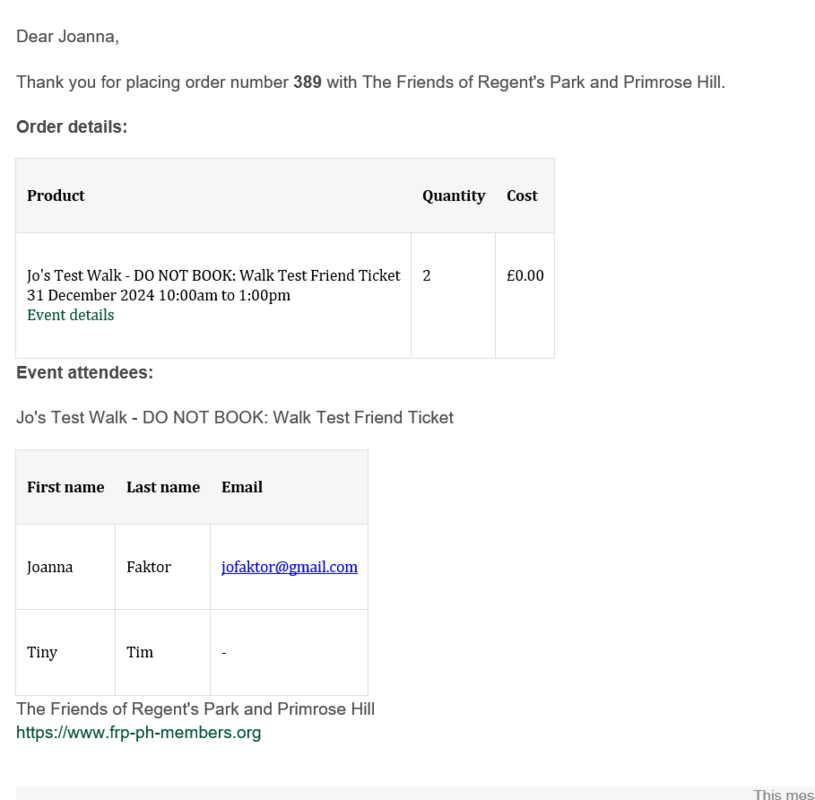 Extract of confirmation email
