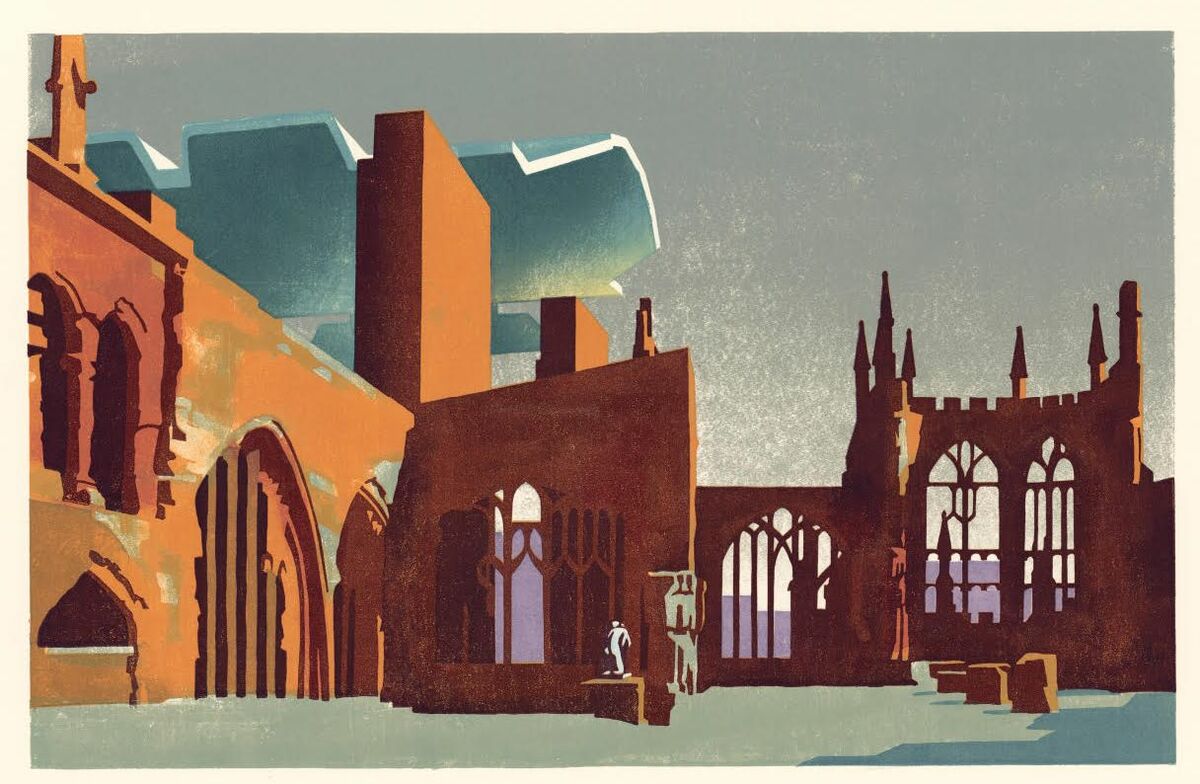Stylised linocut of Coventry Cathedral ruins by Paul Catherall