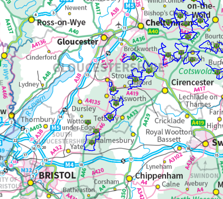 Map showing where rides in the Cotswolds are located