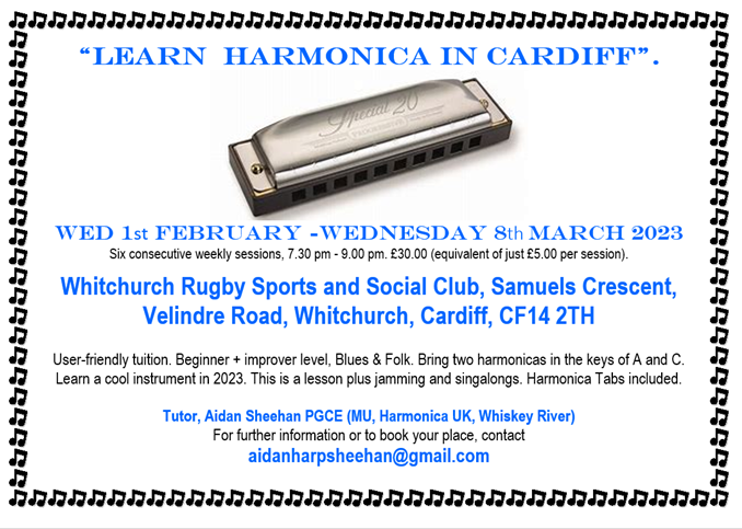 Picture of Harmonica and details of the course in Cardiff