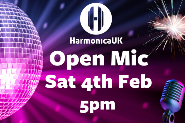 HarmonicaUK logo with open mic details on a bling background
