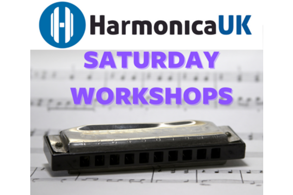 HarmonicaUK logo and Photo of harmonica on sheet music with neon purple words Saturday Workshops