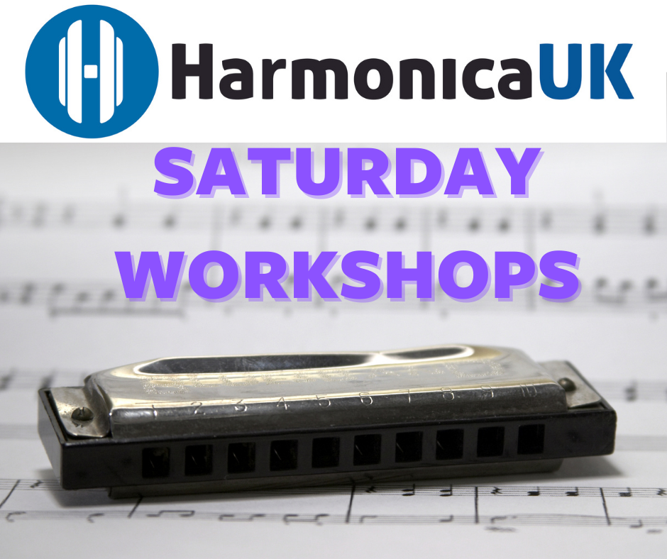 HarmonicaUK Logo with harmonica on sheet music with words Saturday workshops