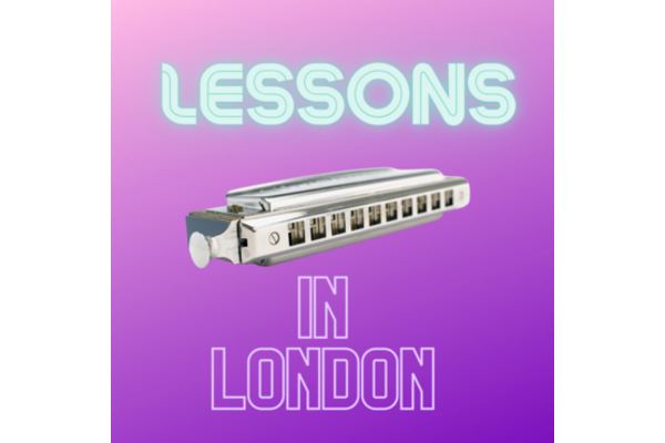 Words - Lessons in London with image of diatonic Harmonica on Purple gradient background