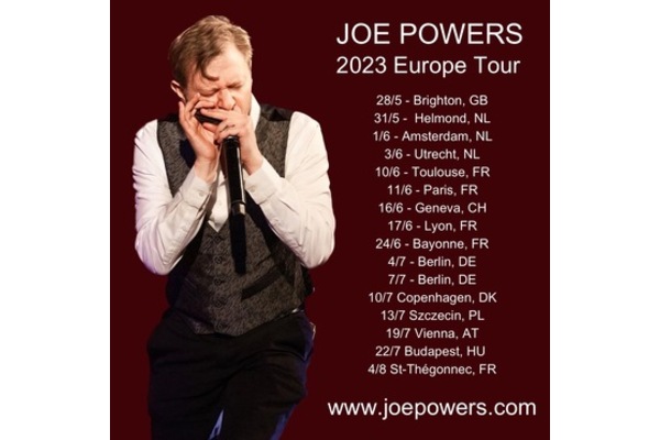 Poster dates for Joe Powers tour with photo of Joe playing