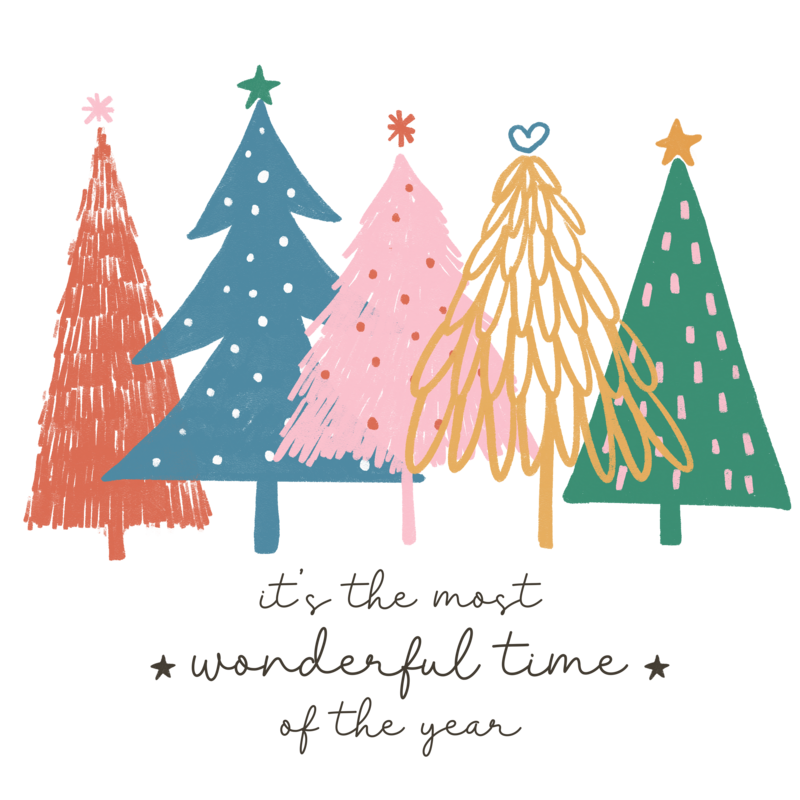 Xmas tree clip art -5 fir trees in different colours with words its the most wonderful time of the year