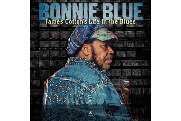 Bonnie Blue Movie Poster. James Cotton, photographed from behind/to the side, wering a denim hat and jacket, holding a harmonica