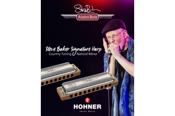 Hohner Ad, Steve Baker playing harp and two photso of harps