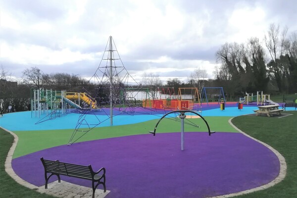 Brightly coloured play park.