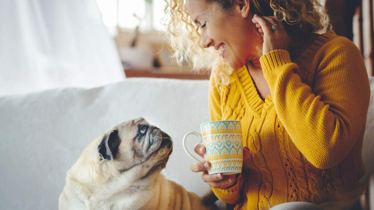 Woman improving her mental health through wellbeing coaching and spending time with her dog