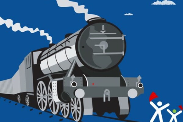 A steam train with two children waving red flags at it 