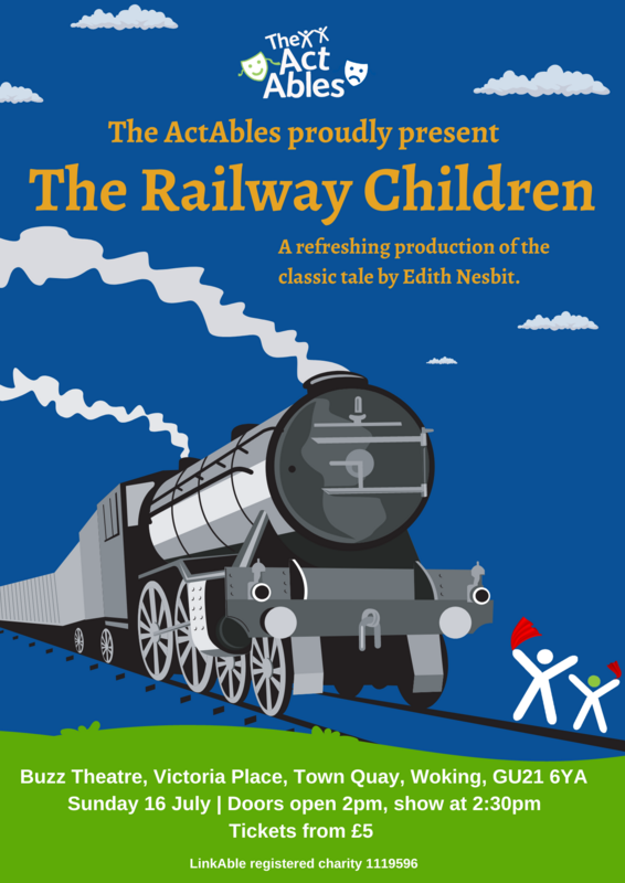 Steam train graphic against a cloudy blue sky, two stickmen are waving red flags at the train 
