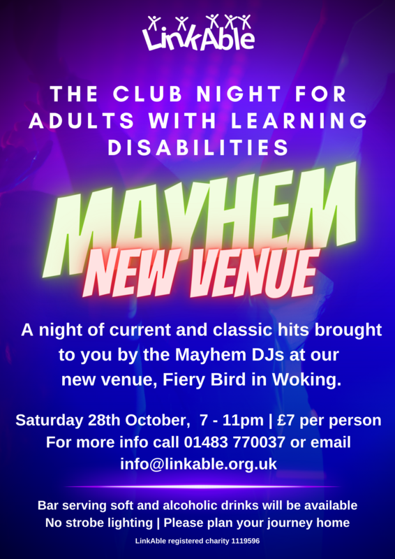 A flyer for Mayhem October. It has a blue background with the neon green Mayhem logo. In red Neon lettering it says new venue. 