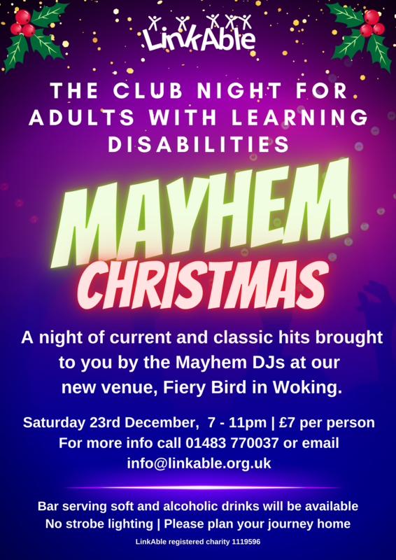 A flyer for Mayhem Christmas. It has a blue background with the neon green Mayhem logo. In red Neon lettering it says Christmas
