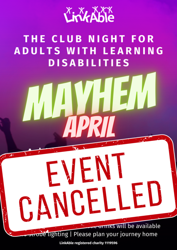 A flyer for April Mayhem. It has a purple background with the neon green Mayhem logo. 