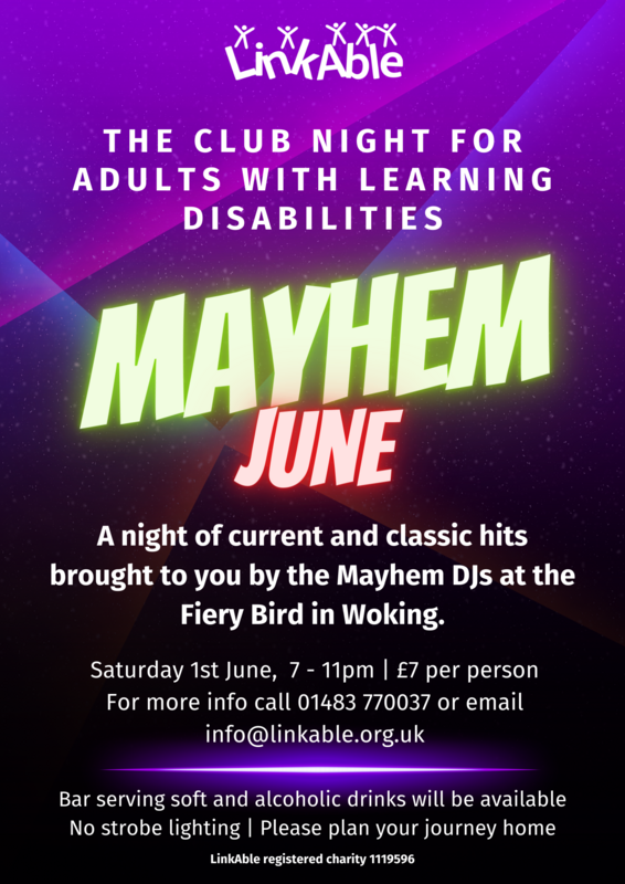 A flyer for Mayhem Christmas. It has a purple background with the neon green Mayhem logo. In red Neon lettering it says February