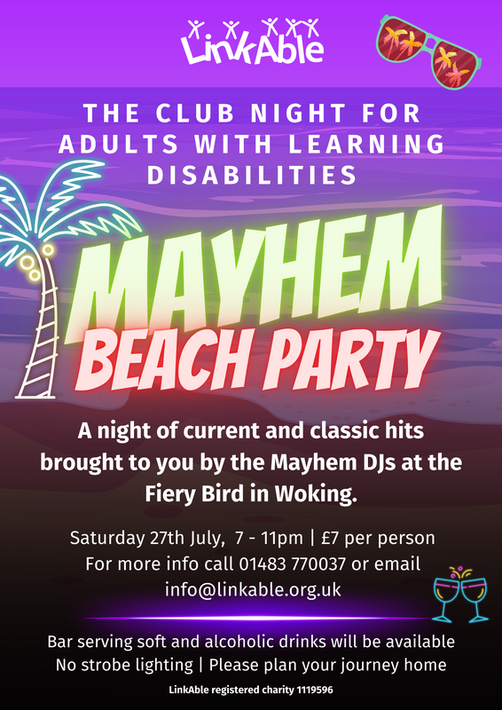 A flyer for Mayhem July. It has a purple background with the neon green Mayhem logo. In red Neon lettering it says Beach Party