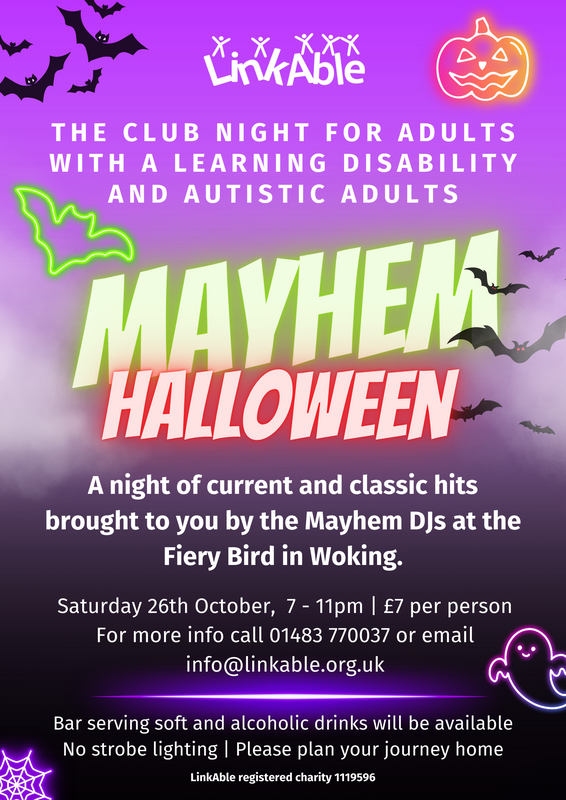 A flyer for Mayhem Halloween. It has a purple background with the neon green Mayhem logo. In red Neon lettering it says Halloween. 