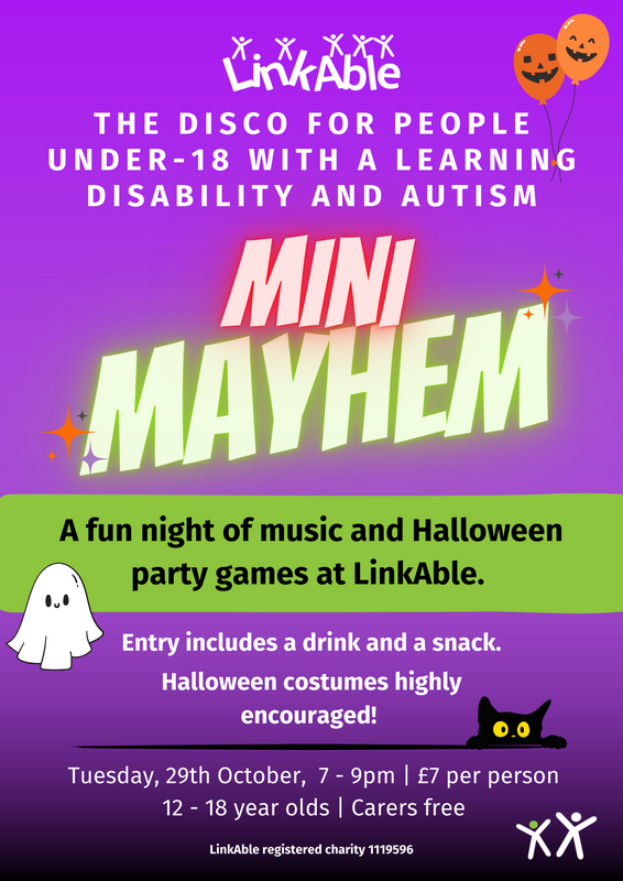 A flyer for Mini Mayhem. It has a purple background with the neon green Mayhem logo.  