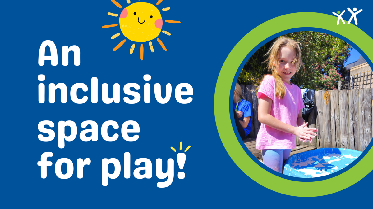 An inclusive space for play blue banner with a picture of a young smiling girl playing outside 