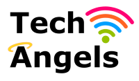 Tech Angels logo. Black writing that reads tech angels with a rainbow wi-fi symbol