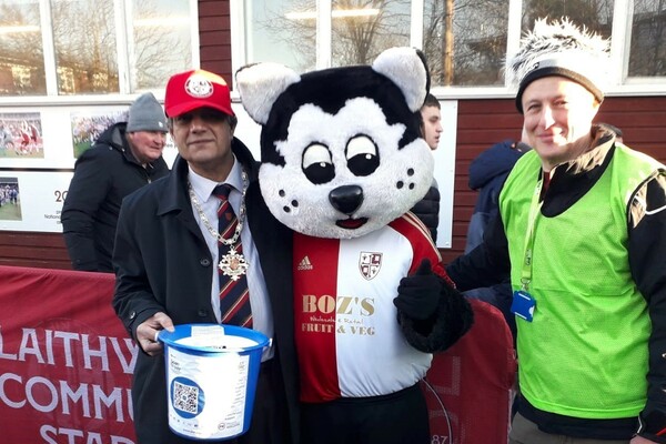 Mayor of Woking, Woking FC masctot and LinkAble Trustee Colin, with collection buckets 