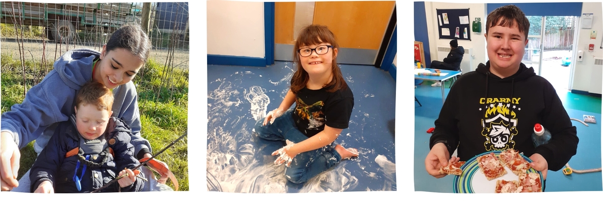 A row of three images of young people having fun in the park, playing with shaving foam and making pizza 