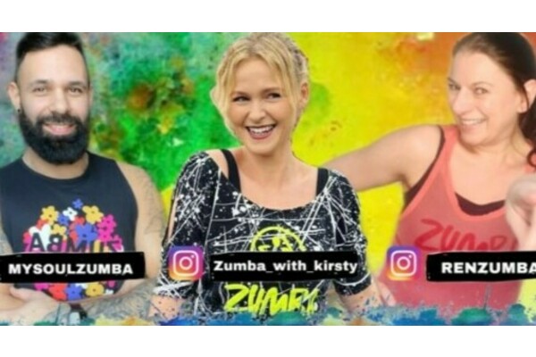 Brightly coloured back ground with a photos of three zumba instructors 
