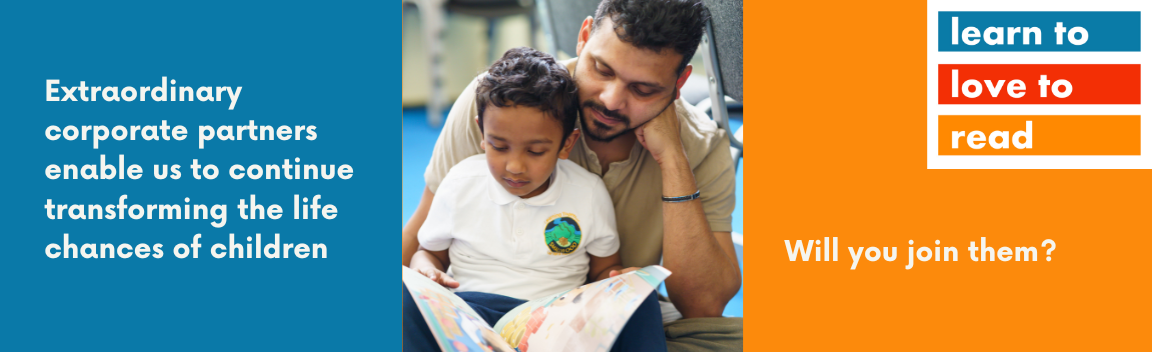 Image of father reading with son along with text describing our corporate partnerships