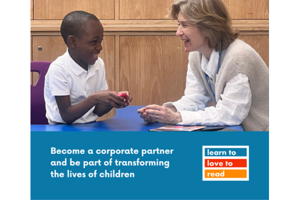 Image of child reading with volunteer and text banner encouraging businesses to be become corporate partners