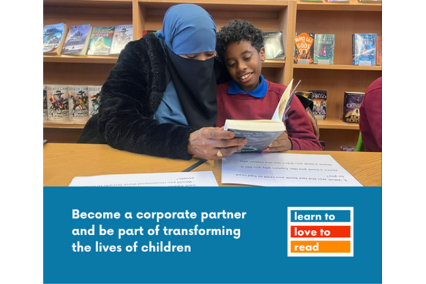 Image of child reading with volunteer and text banner encouraging businesses to be become corporate partners