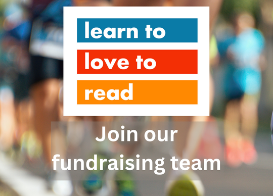 Runners feet in the background with Learn to Love to Read Logo and call to action of join our fundraising team